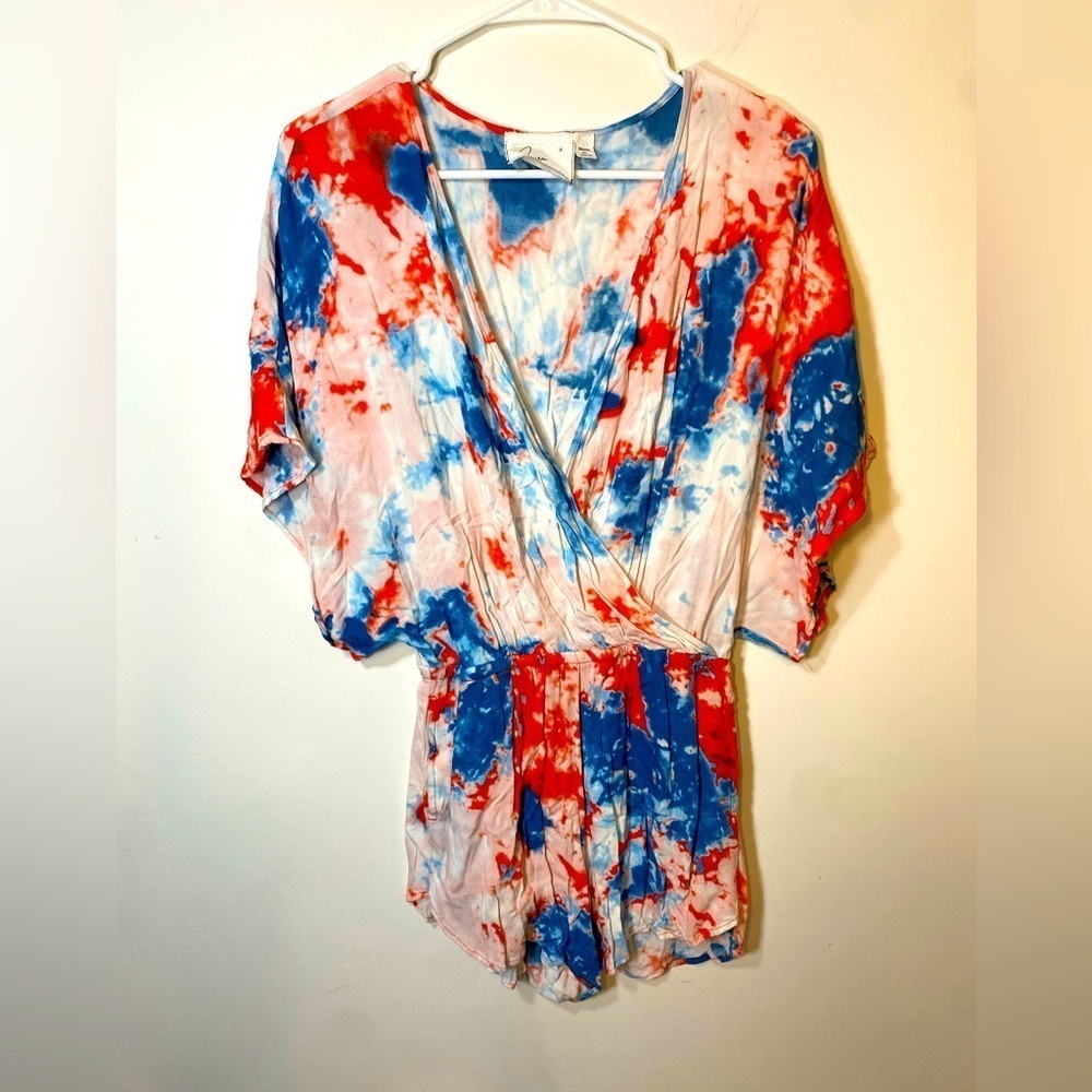 Green Dragon Tie Dye Artsy Short Romper V Neck Cover Up Size Small Beach Travel